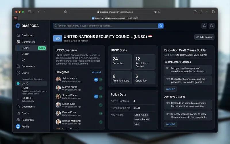 MUN Research Hub | Delegate Intelligence Platform live screenshot